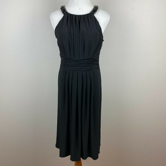 Evan Picone Dress 6 Black Ruched Beaded Pleat Halter A-Line Cocktail Knee Length - Picture 1 of 11